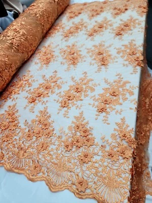 Orange 3D Flowers/Floral Beaded Lace Embroidered Mesh Lace Fabric By The Yard - Image 1 of 4