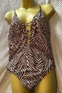 Striped Animal Print Swimsuit Lined Size 12 New Sexy Laced Front - Picture 1 of 3