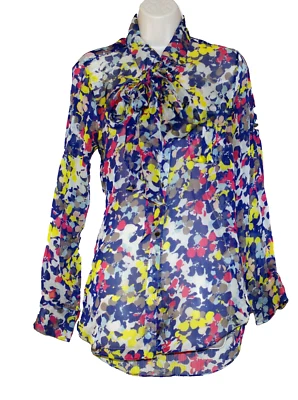 Blusa Adam Lippes Azul Estampado Floral Seda Pajarita Cuello Manga Larga Talla: 4 Foto 1 de 4