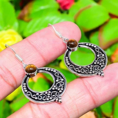 Tiger Eye Gemstone 925 Sterling Silver Gift Jewelry Earring 1.85" n713 - Image 1 of 4