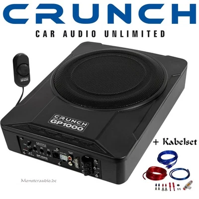 Crunch GP1000 25cm 200 Watt Auto Aktivsubwoofer Untersitz Sub Verstärker Kabel - Bild 1 von 4