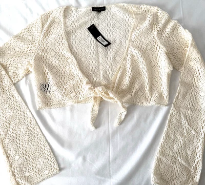 Cárdigan de manga larga para mujer THE LIMITED marfil crochet corbata frontal corta Foto 1 de 4