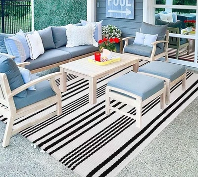 Alfombra de patio exterior a rayas blancas y negras 4' x 6', alfombra de patio de algodón tejida a mano... Foto 1 de 4