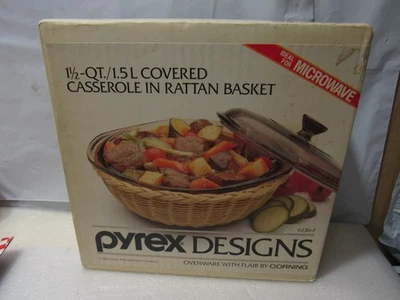 Pyrex Designs 1 - 1/2 Qt. Covered  Casserole in Rattan Basket Unopened  U35J - Image 1 of 4