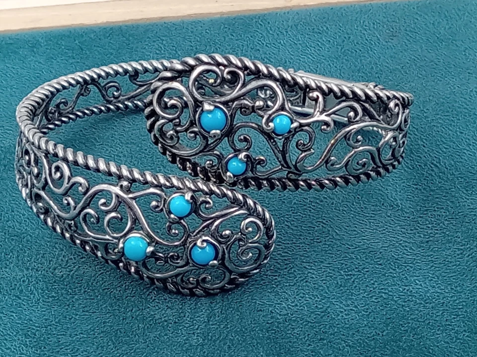 Carolyn Pollack Hinged Sterling Silver Bracelet w. Turquoise Stones: 7" Interior - Image 1 of 4