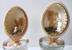 2 VTG Handmade Easter Egg Shell Diorama Bunny Rabbit Bird Scene Beaded Cottage - Picture 1 of 11