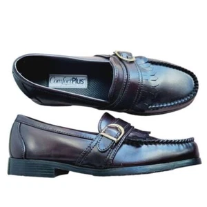NWOB Comfort Plus Style Rich Brown Faux Leather Loafers with Gold Buckle Size 7 - Picture 1 of 7
