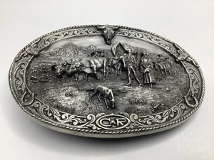 Charles M Russel Artwork "Last Chance Or Bust" Covered Wagon Vintage Belt Buckle - Picture 1 of 5