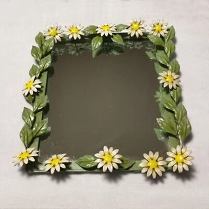 VINTAGE ITALIAN FLORENTINE TOLE DAISY FLOWERS FLORAL WALL MIRROR TOLEWARE ITALY - Picture 1 of 8