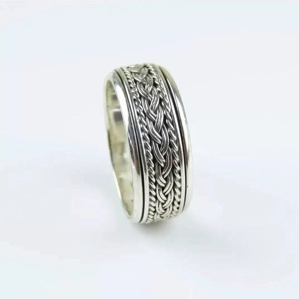 BRAIDED RINGS MEN'S SPINNING RING 925 STERLING SILVER MEDITATION BAND JEWELRY - Image 1 of 4