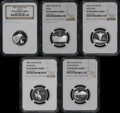 2007-S ID, UT, MT, WY, & WA Silver State Quarter 5pc Set NGC PF-69 Ultra Cameo - Image 1 of 2