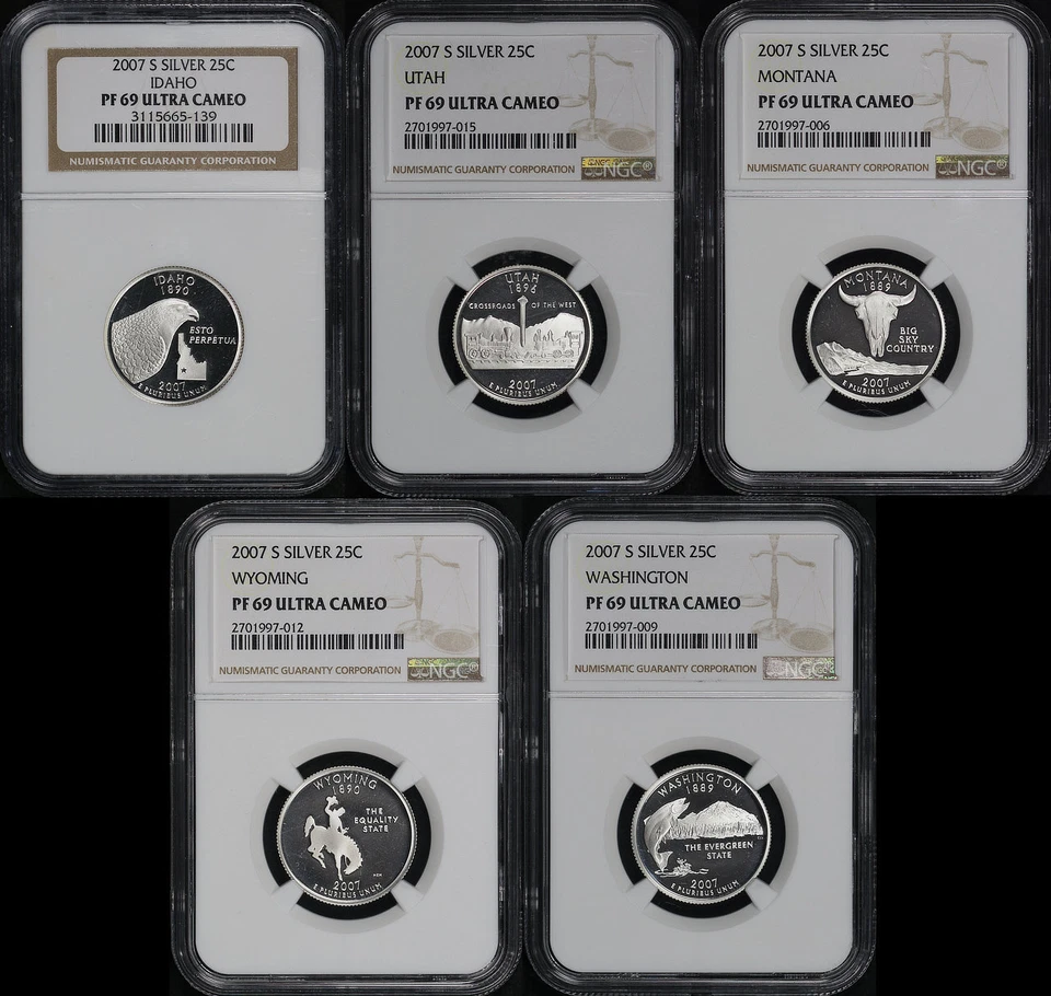 2007-S ID, UT, MT, WY, & WA Silver State Quarter 5pc Set NGC PF-69 Ultra Cameo - Image 1 of 2