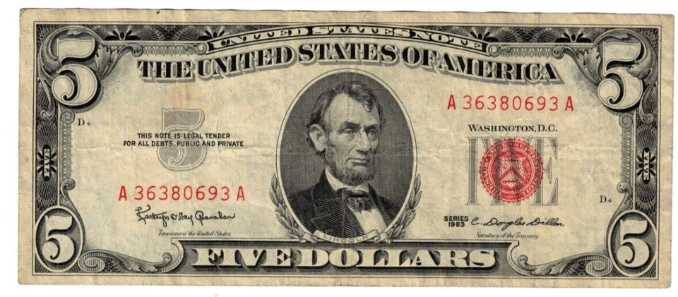 1963 USA United States Notes 5 Dollar Banknote P383 Red Seal Circulated Tr - Image 1 of 2