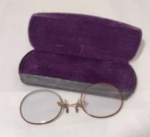 Antique Pince Nez Spring Nose Eyeglasses & Case Oval Tortoise Wire Theater Movie - Picture 1 of 9