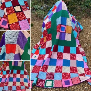 Vintage Multicoloured Granny Knit Crochet Double Blanket Throw Cover Bedspread - Picture 1 of 12