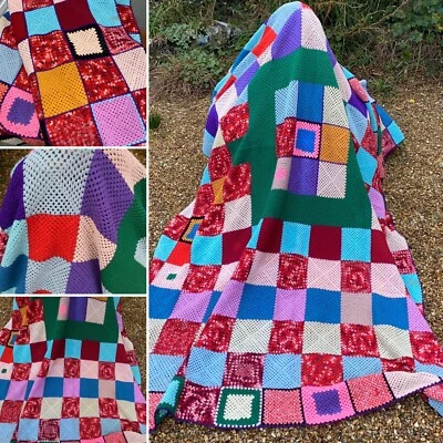 Vintage Bunt Oma Strick Häkel Doppeldecke Überwurf Tagesdecke - Bild 1 von 4