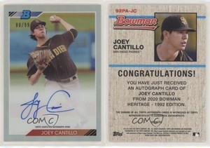 2020 Bowman Heritage Chrome Prospects Refractor /99 Joey Cantillo #92PA-JC Auto