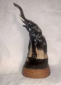 Vintage Elephant Sculpture Hand Carved Horn mounted on wooden base 9.25" - Picture 1 of 11