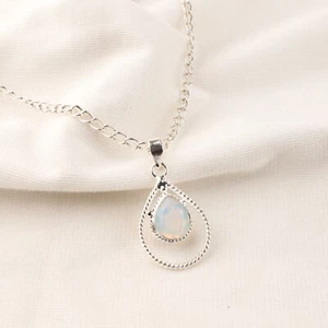 Sterling Silver Pear Milky Opal Gemstone Elegant Bezel October Pendant Jewelry - Picture 1 of 6