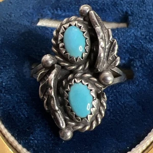 Indianer Sterling Silber Ring Double Türkis Feder Größe 6,5 Vintage - Bild 1 von 16