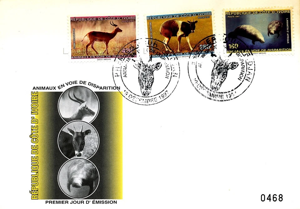 FAUNA ANIMALS MANATEE DUIKER ANTELOPE 1997 IVORY COAST FDC (STAIN) - Image 1 of 1