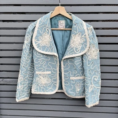 Chaqueta Blazer Nanette Laporte Azul Crema Lino Peplum Talla 4 Mujer’s Floral Foto 1 de 4