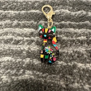 Enamel Cat Bag Charm Black Rainbow Kitten Clip On Floral Charm Cat Lady Gift New - Picture 1 of 4