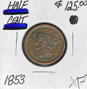 Medio centavo cabello trenzado 1853 ~ XF ~BONITA MONEDA~ - Imagen 1 de 2