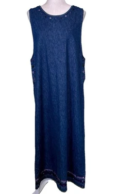 VTG Denim Blue Jean Women’s Y2K Cottagecore Lagenlook Boho Folk Jumper Dress Lg Foto 1 de 4