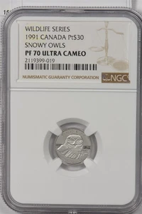 Canada 1991 $30 platinum NGC Proof 70UC Snowy owl. 0.1oz platinum. Wildlife seri - Picture 1 of 2