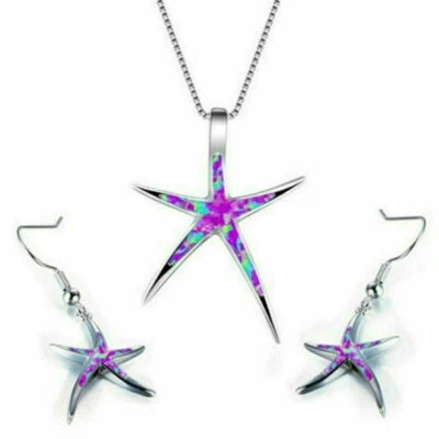 Conjunto de 3 piezas de joyas collar colgante océano ópalo de fuego azul estrellas de mar para mujer Foto 1 de 4