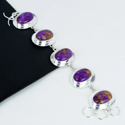 Purple Copper Turquoise Gemstone Handmade 925 Sterling Silver Jewelry Bracelet - Image 1 of 4