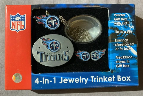 Tennessee Titans 4-in-1 Jewelry Trinket Box with Necklace and Earrings Lid Pin Cover