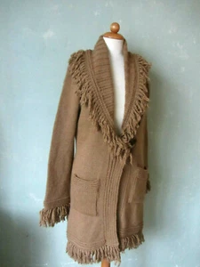 Morgan de toi Strickjacke Mangel lang Cardigan braun beige Grob Fransen 40 L - Bild 1 von 4