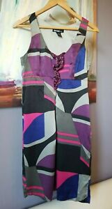 Kenzie Dress Sz М 100% Silk Empire Waist Sleeveless Geometric Purple Gray Pink