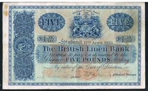 BRITISCHE LEINENBANK SCHOTTLAND BANKNOTE 5 P152 17.04.1933 GVF - handsigniert - Bild 1 von 2