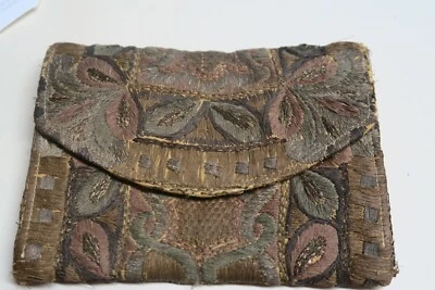 Antique French France Hand Embroidered Tapestry Purse Gold Silver Threads 4"x5" - Image 1 of 4