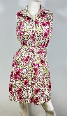 White Stag Button Front Sleeveless Leopard Floral Shirt Dress Ladies 8 Belted - Image 1 of 4