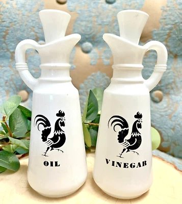 VTG ANCHOR HOCKING ROOSTER Black & White CRUET Set OIL & VINEGAR Milk GLASS - Image 1 of 4