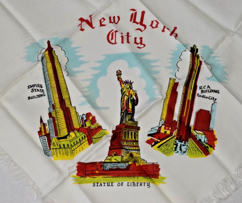 Vintage Silk Scarf 1940s Hand Painted New York City Buildings Brand New 26X25 In - Image 1 of 4