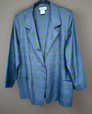 Vintage Joanna Long Sleeve Button Up Blazer Purple/Green Boxy Plaid Medium - Image 1 of 4