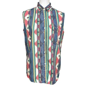 Vintage Denim Western Shirt Womens Large Southwestern Print Jean Button Up Tank - Picture 1 of 16