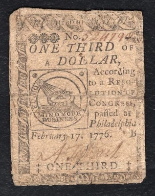 CC-20 FEBRUARY 17, 1776 $1/3 ONE THIRD DOLLAR “FUGIO” CONTINENTAL CURRENCY NOTE - Image 1 of 2