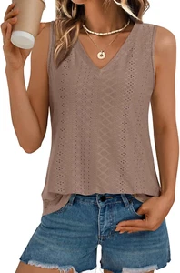 Womens Summer Tank Top Eyelet Embroidery 2025 Vaction Sleeveless V Neck Loose Fi - Picture 1 of 12