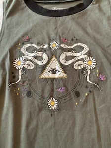 Evil Eye & Snake Graphic Lace Up Tank Top Junior XL Green Daisy Knit Tee Tshirt - Bild 1 von 10