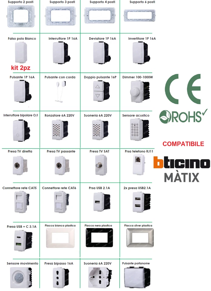Serie compatibile Matix interruttori, pulsanti e prese linea TOP (no originali) - Immagine 1 di 1