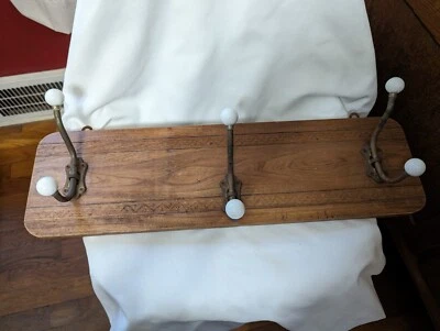 Antique wood and metal coat and hat wall rack - Image 1 of 4