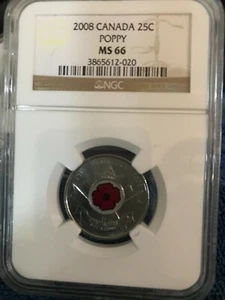 2008 CANADA 25 CENT NGC MS66 UNCIRCULATED POPPY QUARTER WITH COLORIZED POPPY - Picture 1 of 1