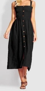 SEAFOLLY Women's Beach Edit Black Shirred Linen Dress Size Medium NEW w/Tags - Picture 1 of 9