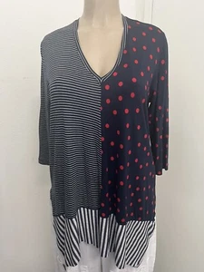 Alembika Damen V-Ausschnitt Shirt, Gr. 2, marine, gepunktet/gestreift, Brustumfang 38 Zoll, Neu mit Etikett - Bild 1 von 9